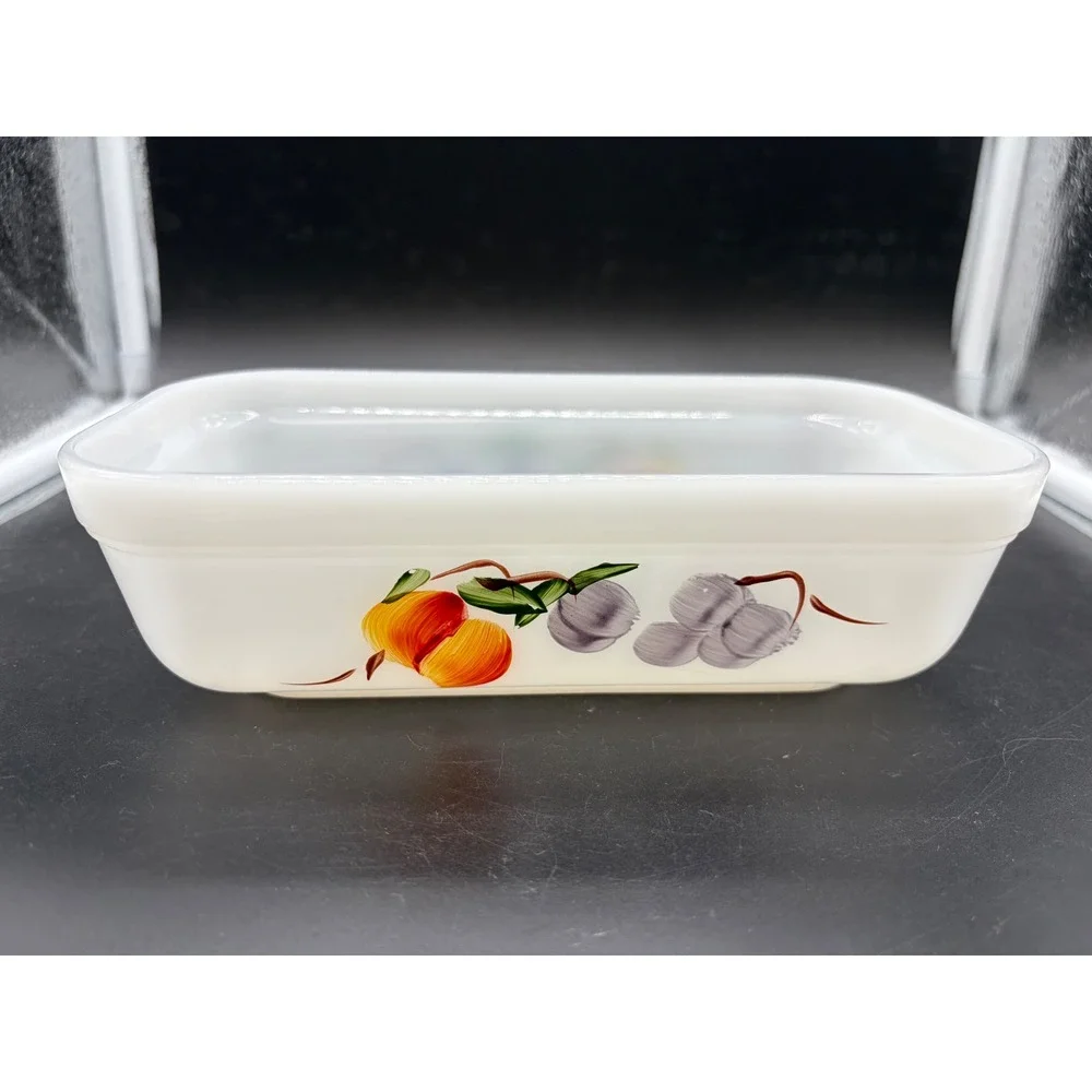 Vintage‎ Fire-King Milk Glass Fruit Loaf Pan Baking Dish Peach Grapes